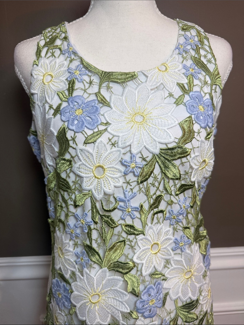 Boston Proper Floral Lace Overlay Dress White Blue Green Size 6 - Picture 5 of 10